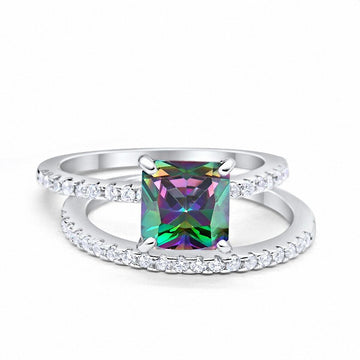 Two Piece Engagement Ring Asscher Cut Simulated Rainbow CZ 925 Sterling Silver